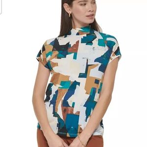 Calvin Klein Multicolor Short Sleeve Patterned Mock Neck Top